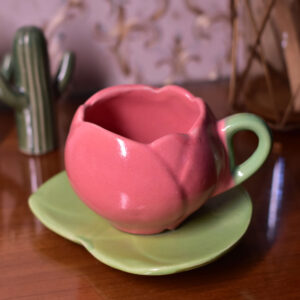 Pink Tulip Cup with Leaf Saucer
