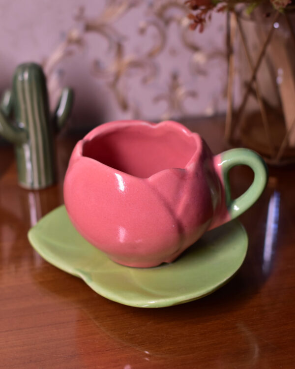 Pink Tulip Cup with Leaf Saucer