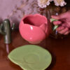 Pink Tulip Cup with Leaf Saucer