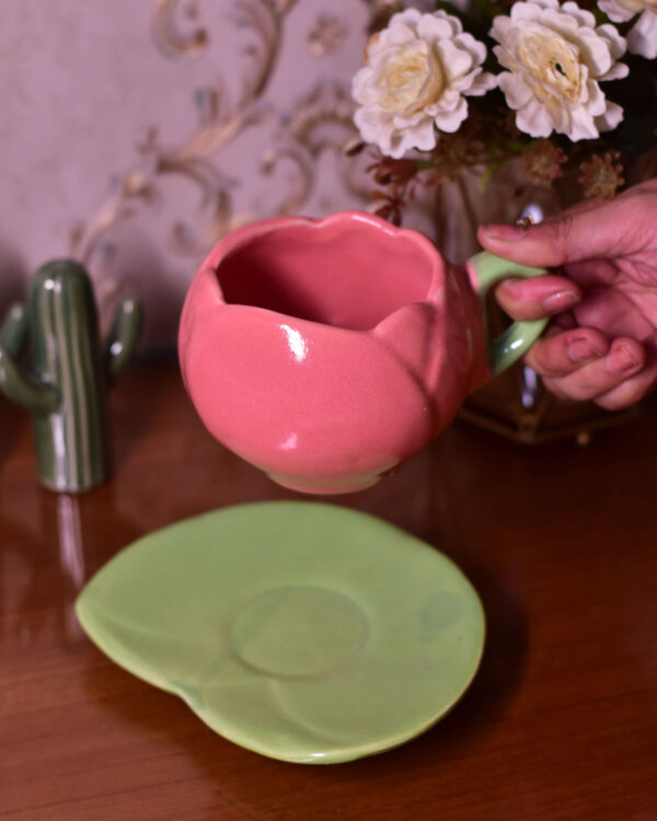 Pink Tulip Cup with Leaf Saucer