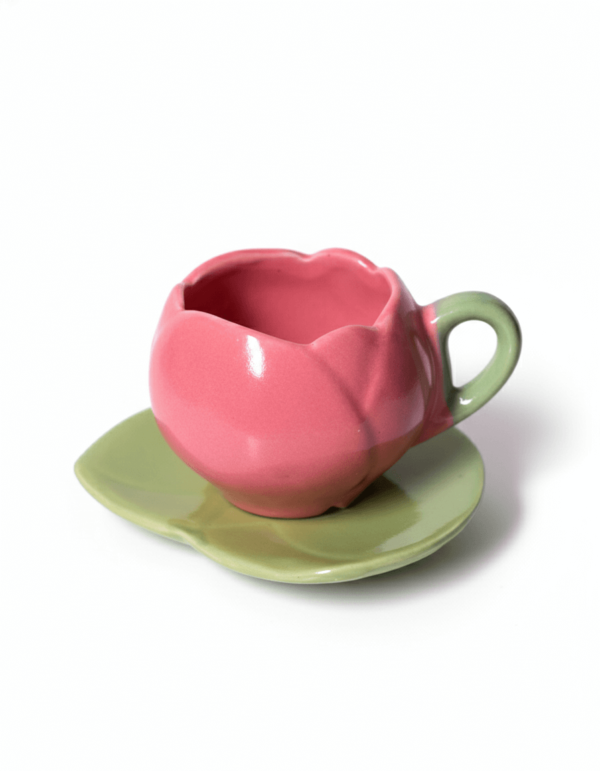 Pink Tulip Cup with Leaf Saucer