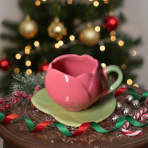 Pink Tulip Cup with Leaf Saucer