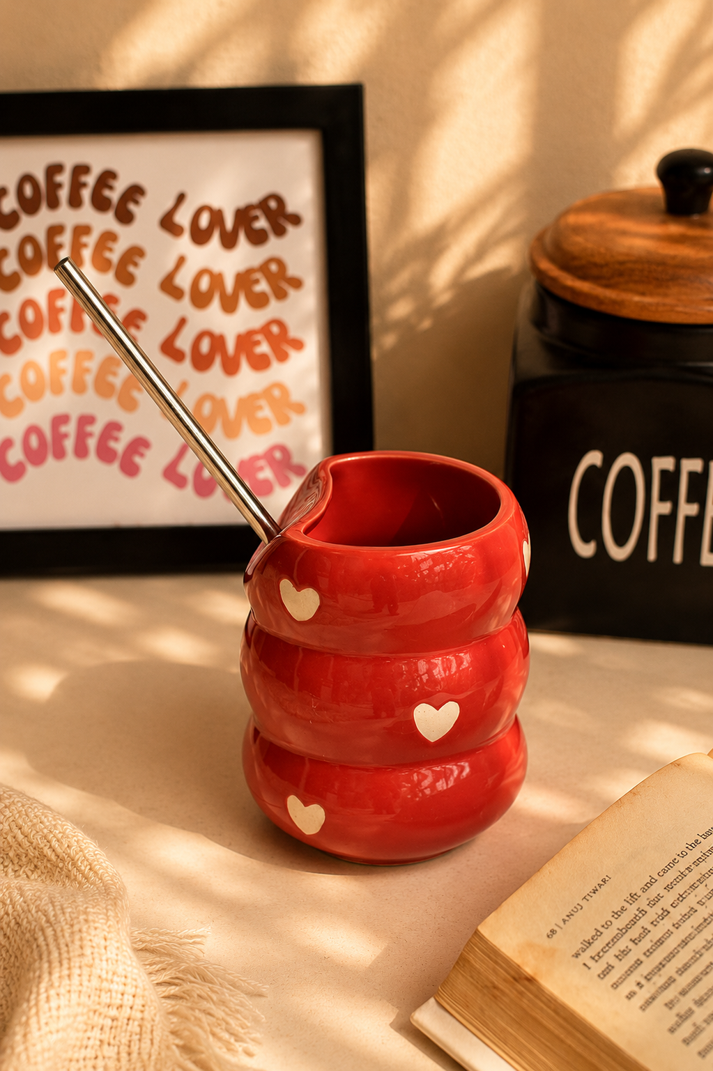 Red Ceramic Tumbler with Straw