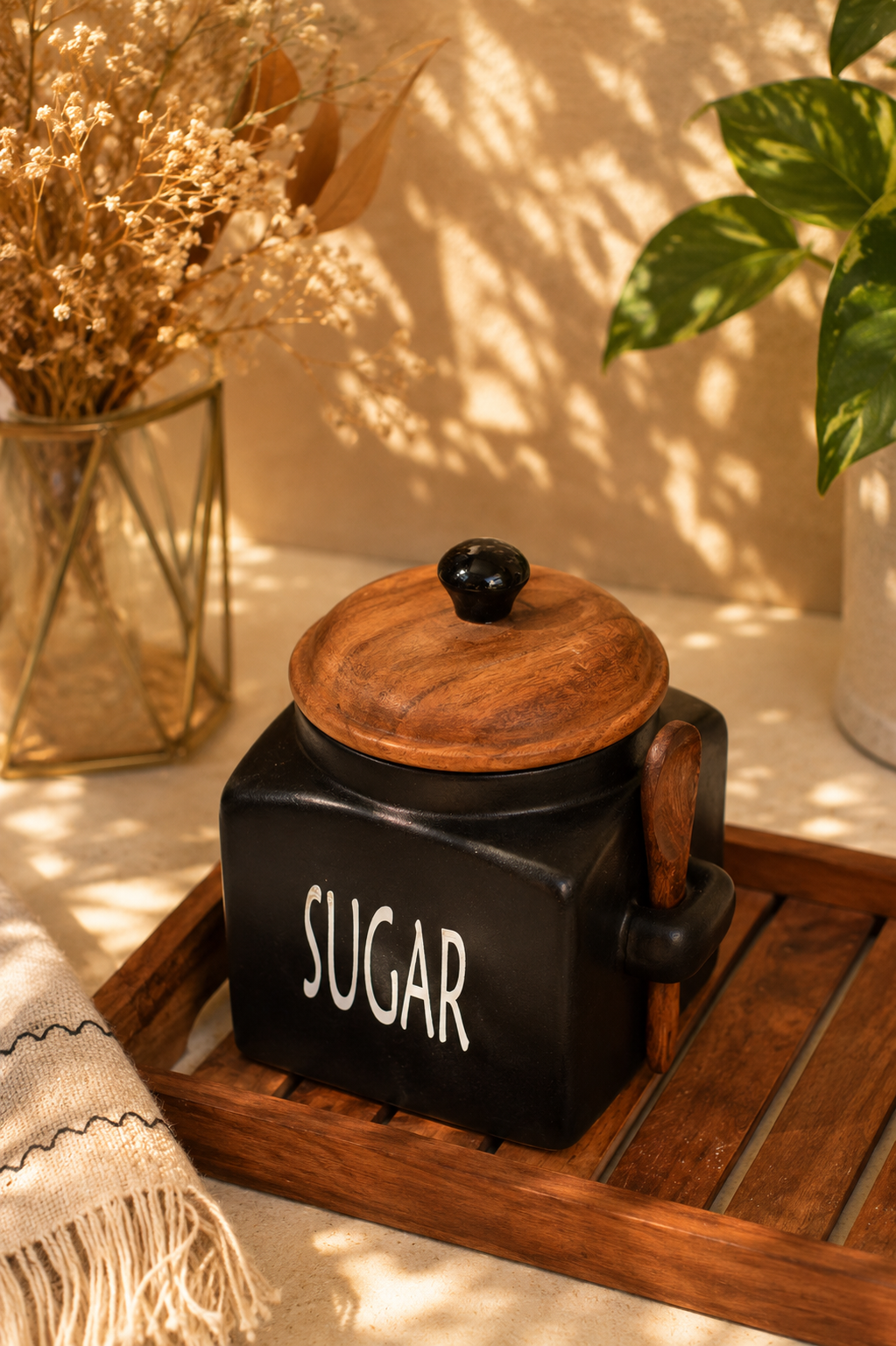 Rustic Black Ceramic Sugar Container With Wooden Spoons - Image 2