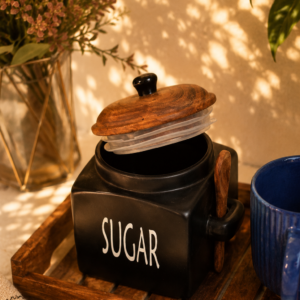 Rustic Black Ceramic Sugar Container With Wooden Spoons