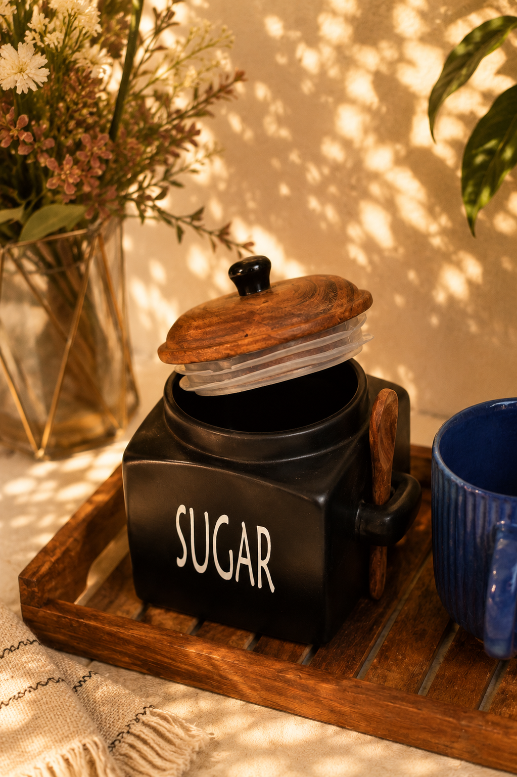 Rustic Black Ceramic Sugar Container With Wooden Spoons