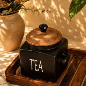 Rustic Black Ceramic Tea Container With Wooden Spoons