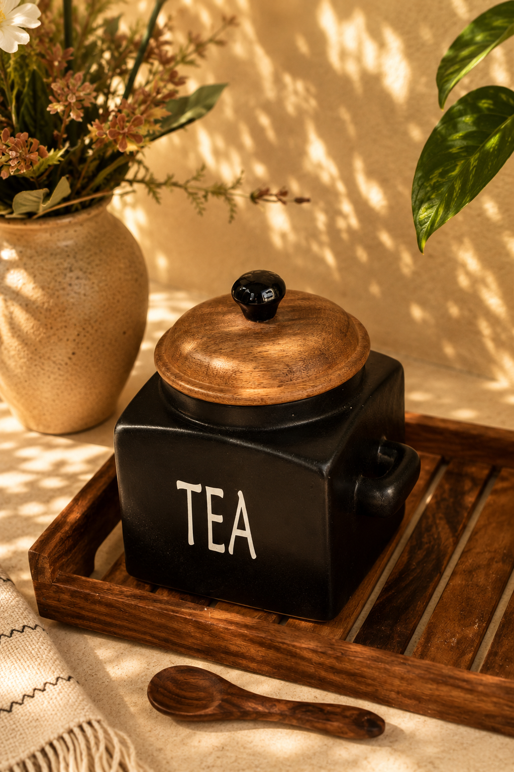 Rustic Black Ceramic Tea Container With Wooden Spoons
