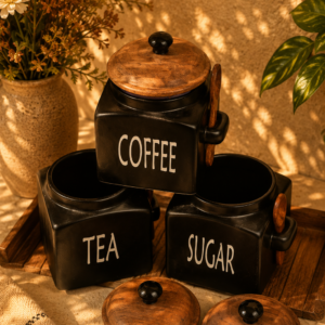 Rustic Black Ceramic Tea, Sugar & Coffee Container With Wooden Spoons