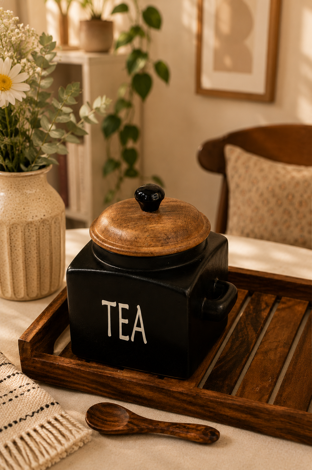 Rustic Black Ceramic Tea Container With Wooden Spoons - Image 2