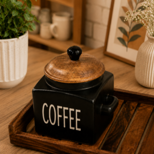 Rustic Black Ceramic Coffee Container with Wooden Spoons