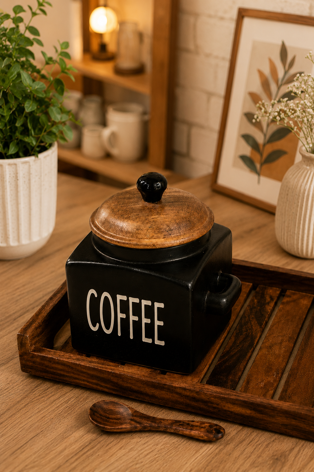 Rustic Black Ceramic Coffee Container with Wooden Spoons