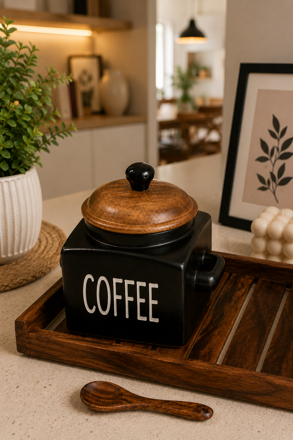 Rustic Black Ceramic Coffee Container with Wooden Spoons - Image 2