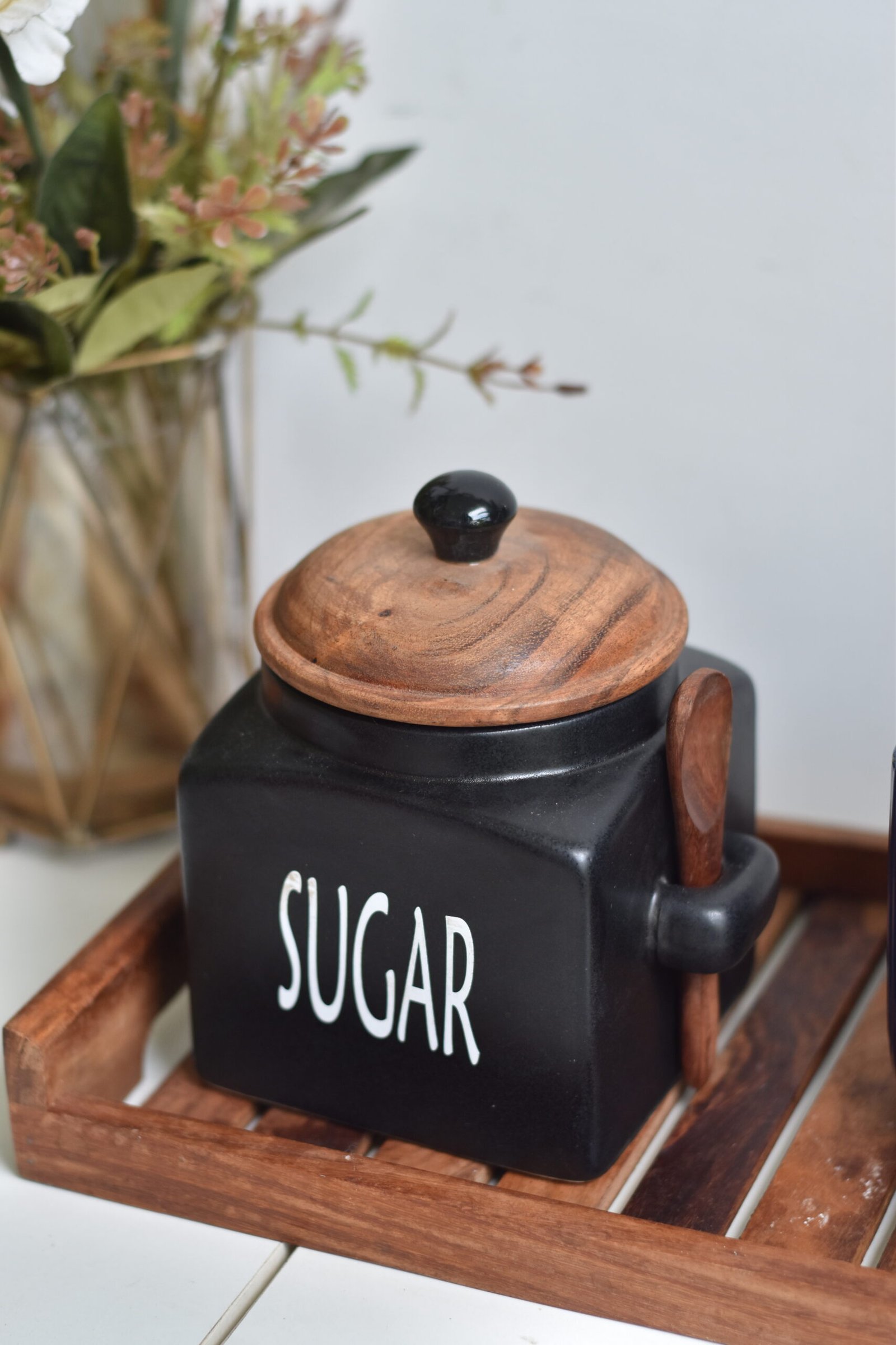 Rustic Black Ceramic Tea & Sugar Container With Wooden Spoons - Image 2