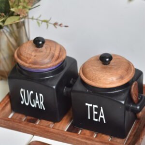 Rustic Black Ceramic Tea & Sugar Container With Wooden Spoons