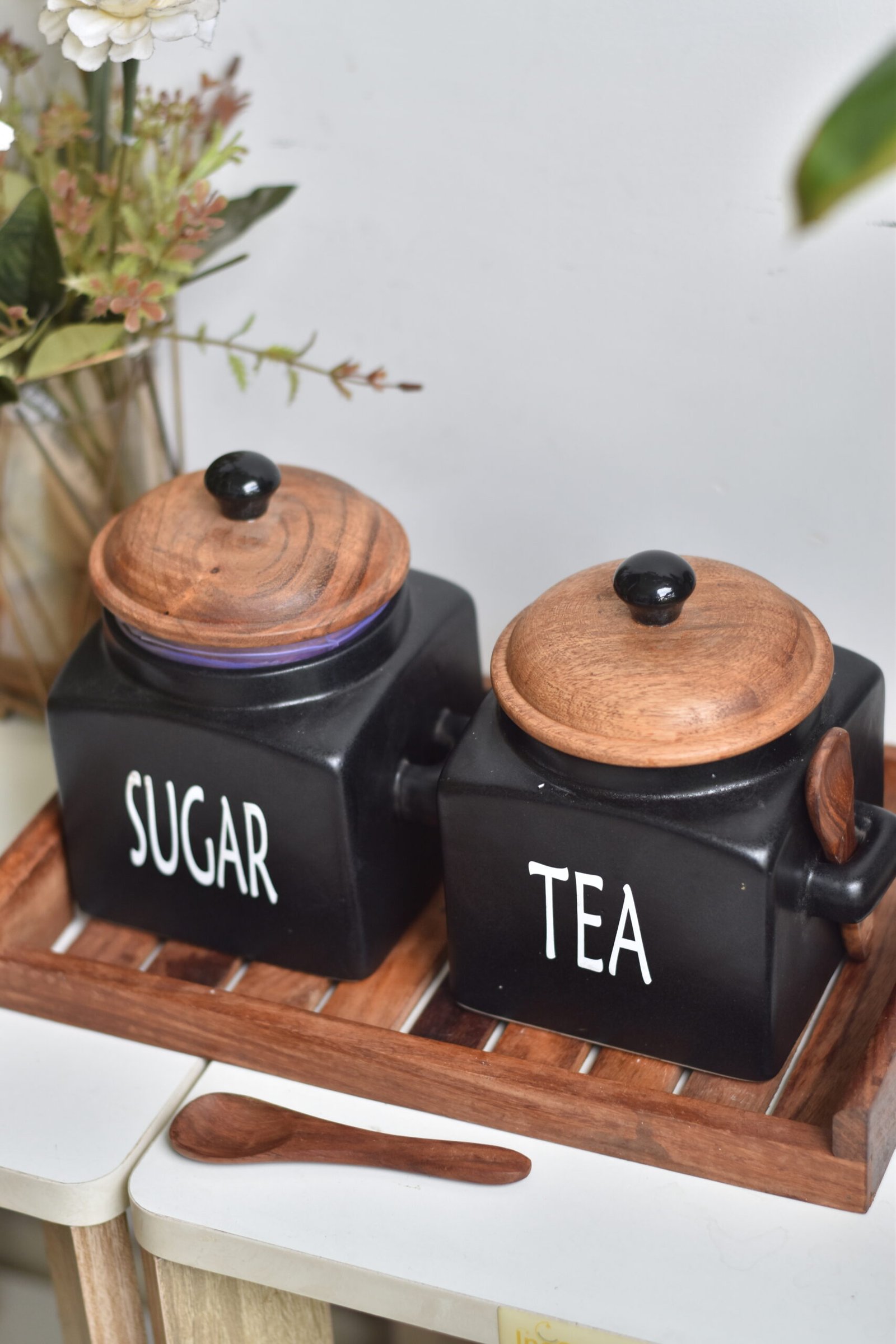 Rustic Black Ceramic Tea & Sugar Container With Wooden Spoons