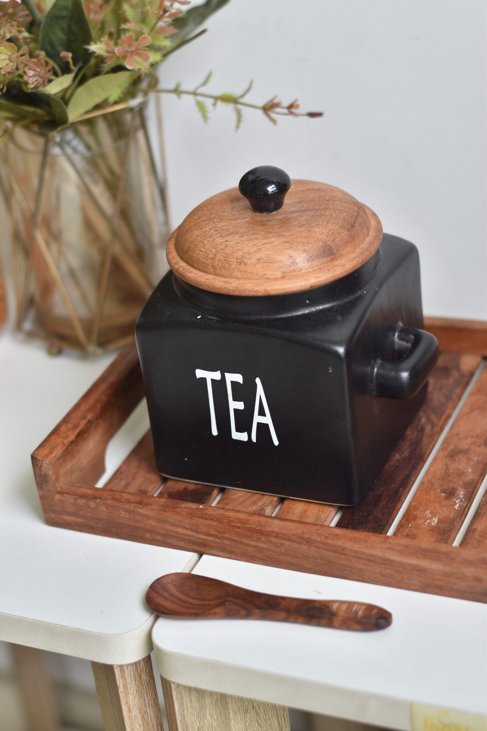 Rustic Black Ceramic Tea & Sugar Container With Wooden Spoons - Image 3
