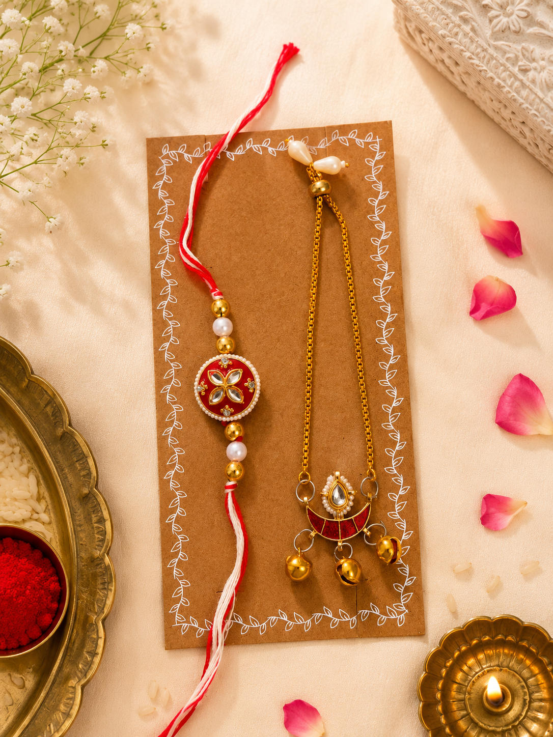 Chand Rakhi set for Bhai and Bhabhi: Red