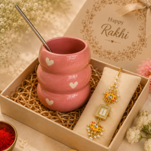 Pink Tumbler with Kashmiri Rakhi/Bracelet: Gift for sisters